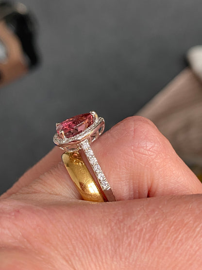 2.11 Carat Pear Cut Pink Tourmaline and Natural Diamond Ring in Platinum