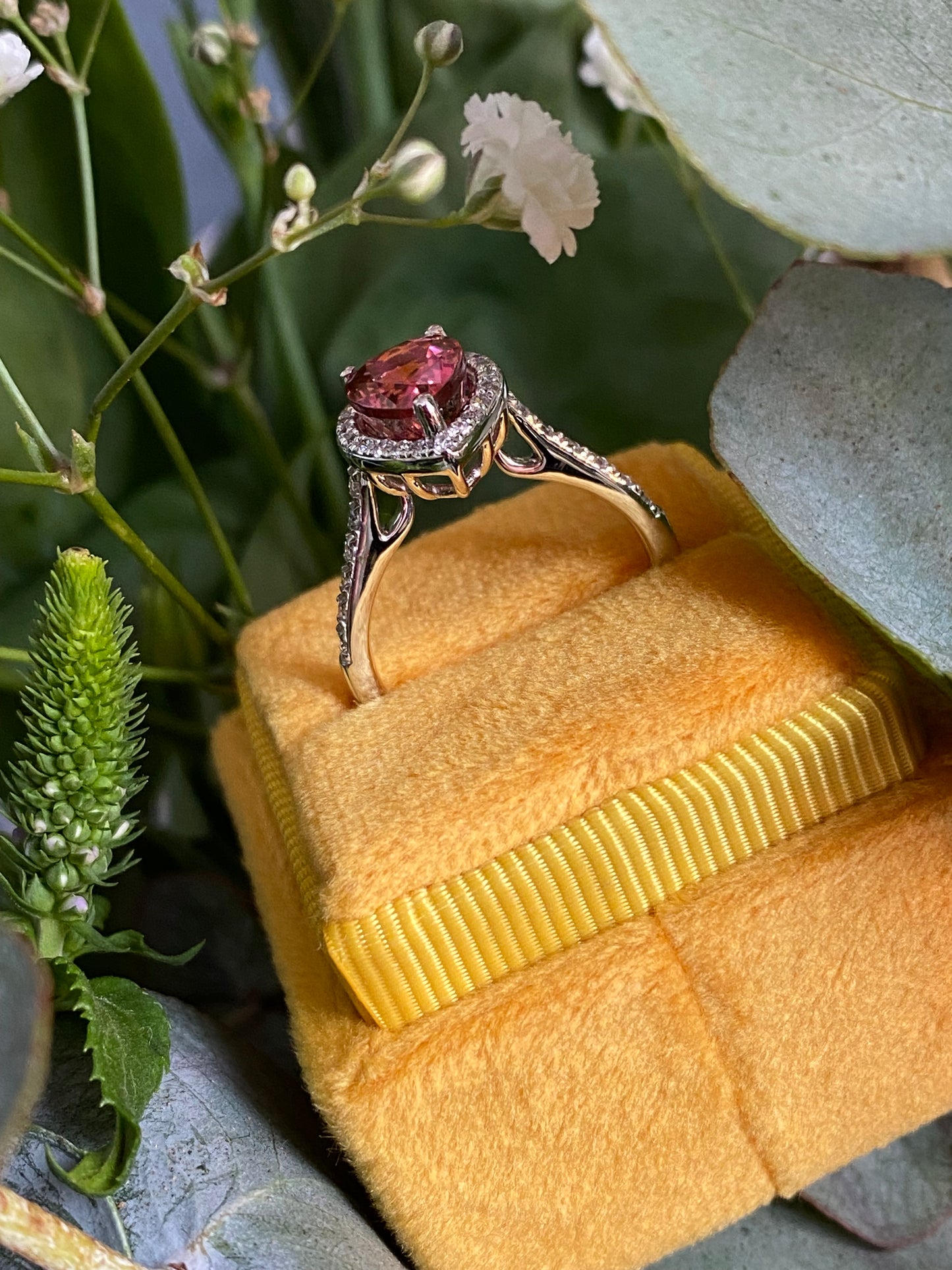 2.11 Carat Pear Cut Pink Tourmaline and Natural Diamond Ring in Platinum