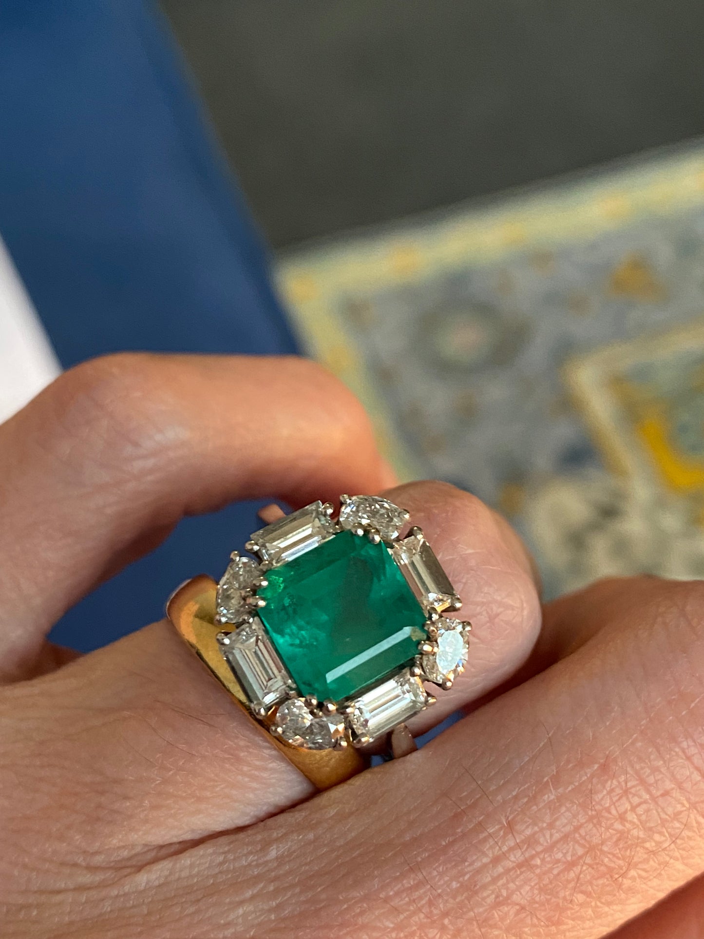 5.66 CTW Vintage Sqaure Emerald Cut Colombian Emerald and Natural Diamond Halo Ring in Platinum