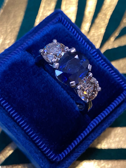 2.76ct Antique Blue Ceylon Sapphire and 2.02ct Diamond Three Stone Engagement Ring in 18ct White Gold