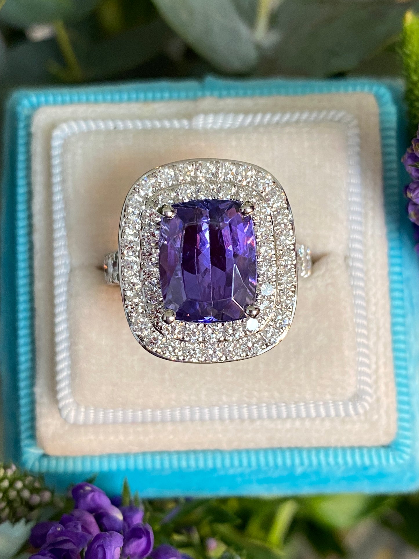 5.42 Carat Cushion Cut Tanzanite and 1.68 ctw Natural Diamond Cocktail Ring in Platinum