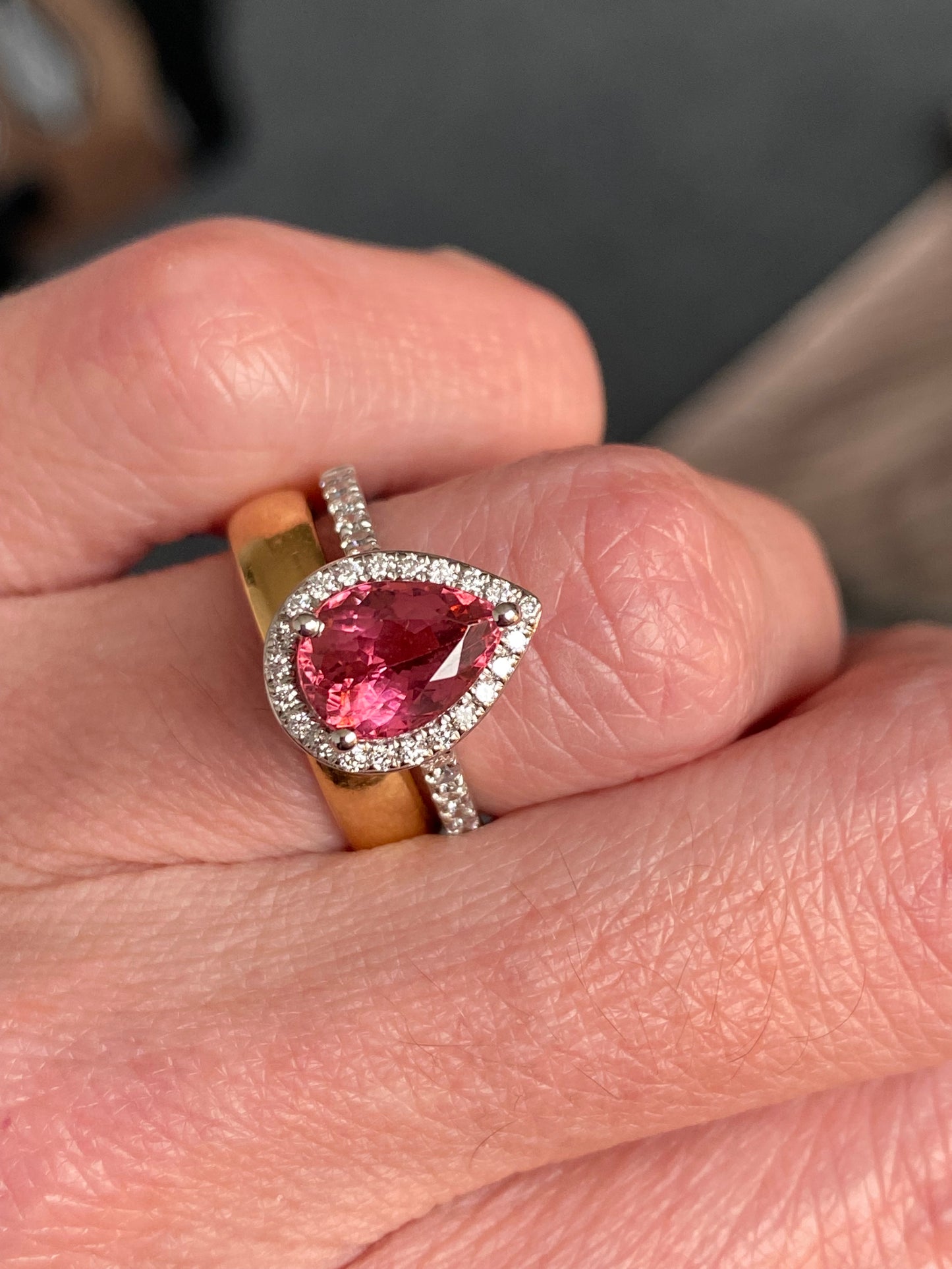 2.11 Carat Pear Cut Pink Tourmaline and Natural Diamond Ring in Platinum