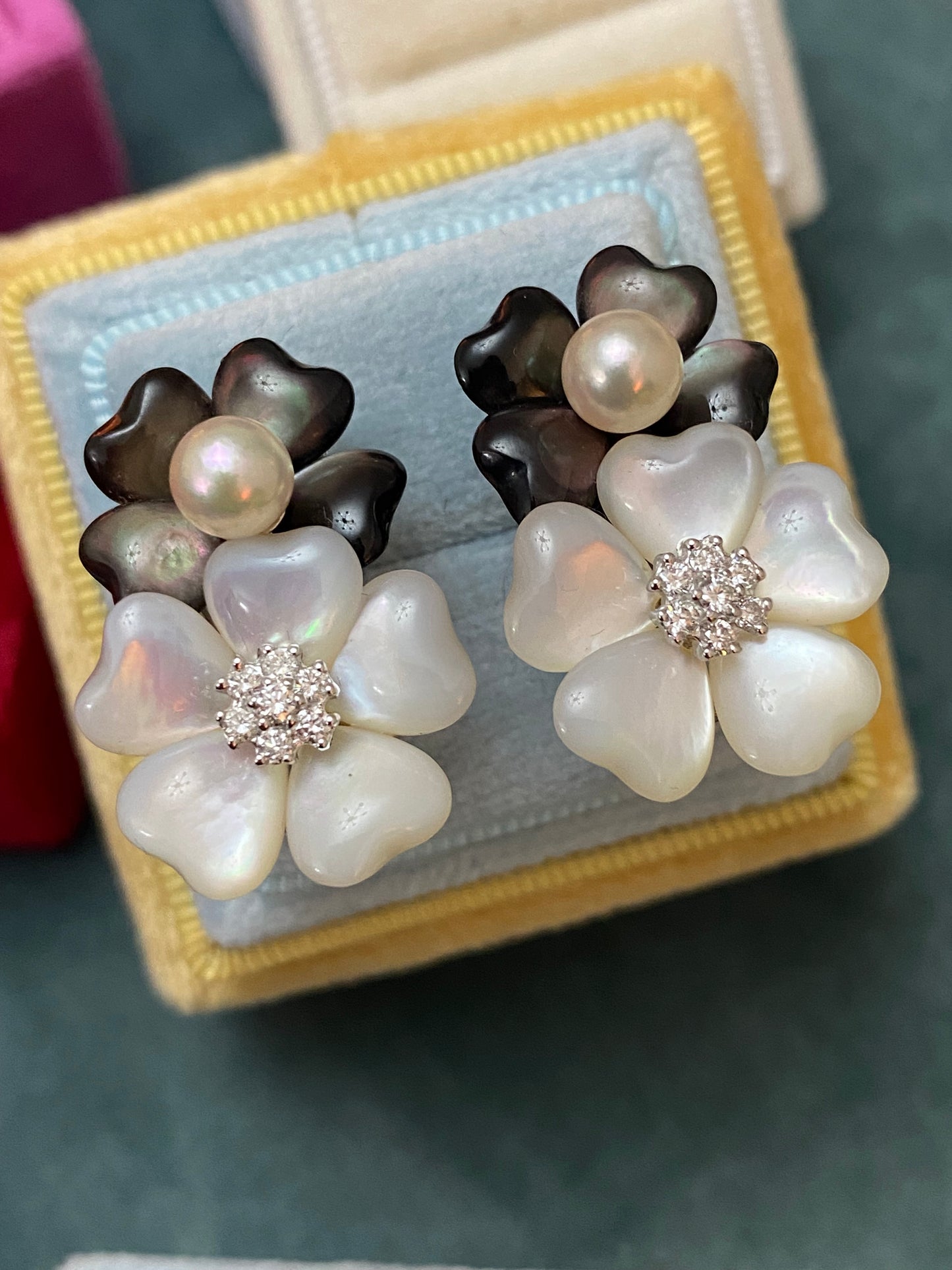 Statement Pearl, Diamond, and Mother of Pearl Flower Earrings in 18ct White Gold