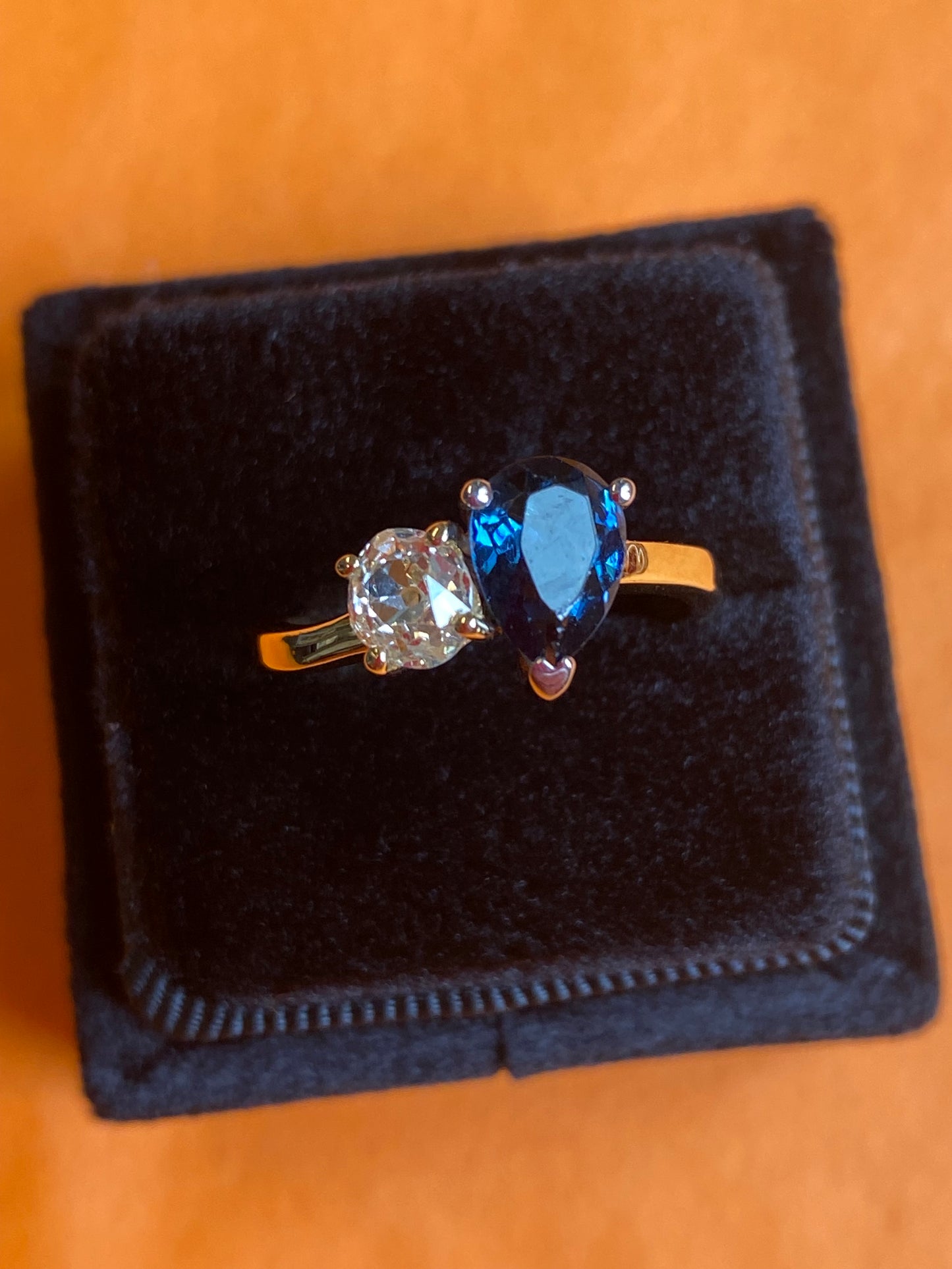 1.49 CTW Antique Diamond and Blue Sapphire Toi et Moi Ring in 18ct Gold