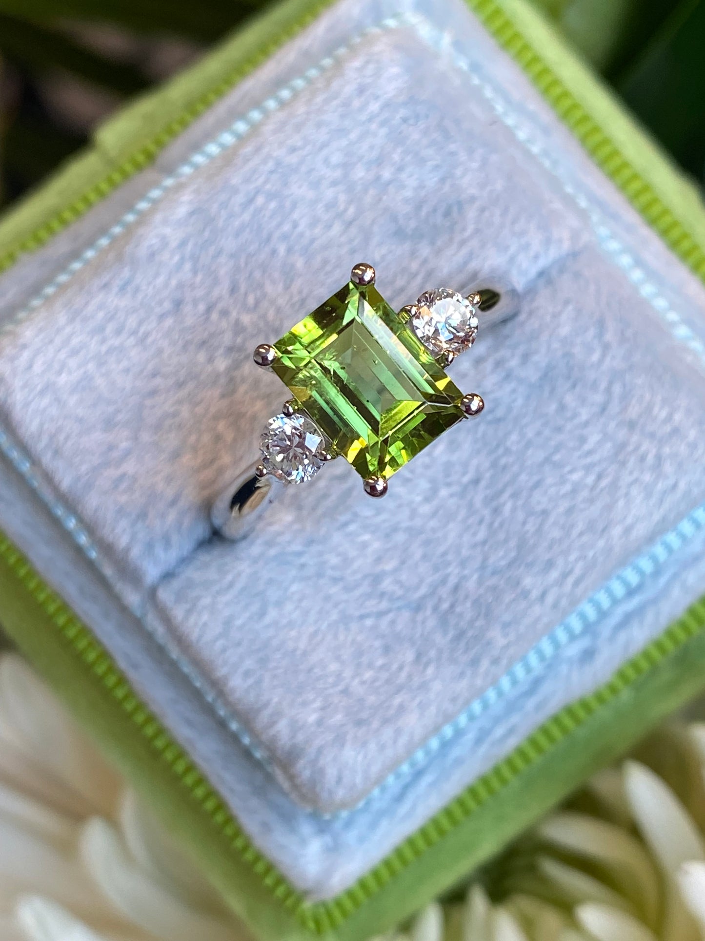 2.06 CTW Carat Peridot and Diamond Three Stone Engagement Ring in Platinum