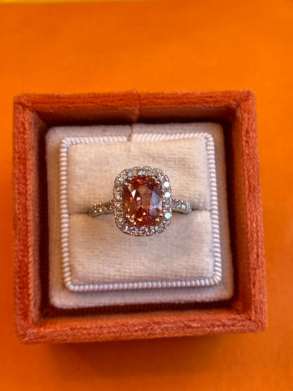 2.68 Carat Orange Sapphire and Natural Diamond Halo Engagement Ring in Platinum