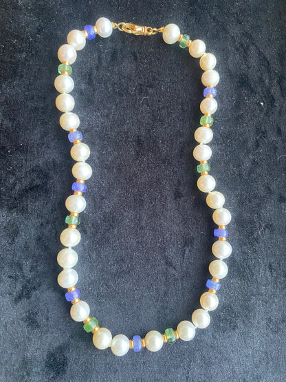 Cultured Pearl, Emerald, and Sapphire Necklace with 18ct Yellow Gold Clasp