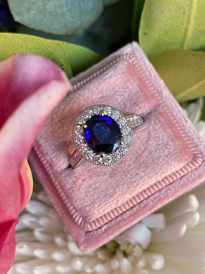 2.10 Carat Blue Ceylon Sapphire and 0.77ctw Natural Diamond Halo Ring in Platinum