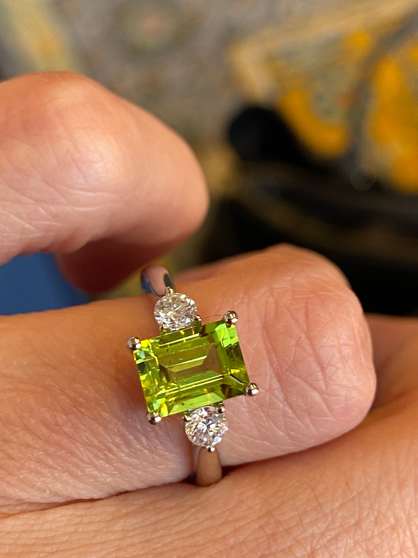 2.06 CTW Carat Peridot and Diamond Three Stone Engagement Ring in Platinum