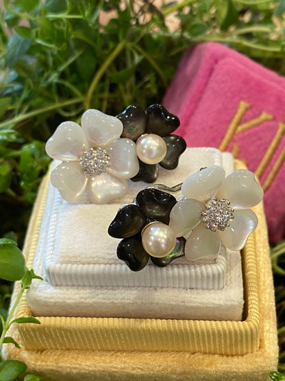 Statement Pearl, Diamond, and Mother of Pearl Flower Earrings in 18ct White Gold