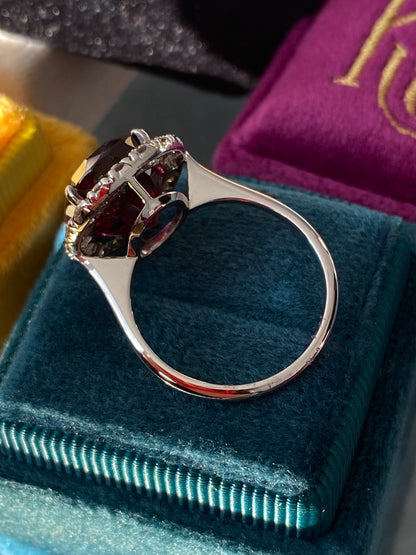 7.50 Carat Rhodolite Garnet and Diamond Halo Cocktail Ring in 18ct White Gold