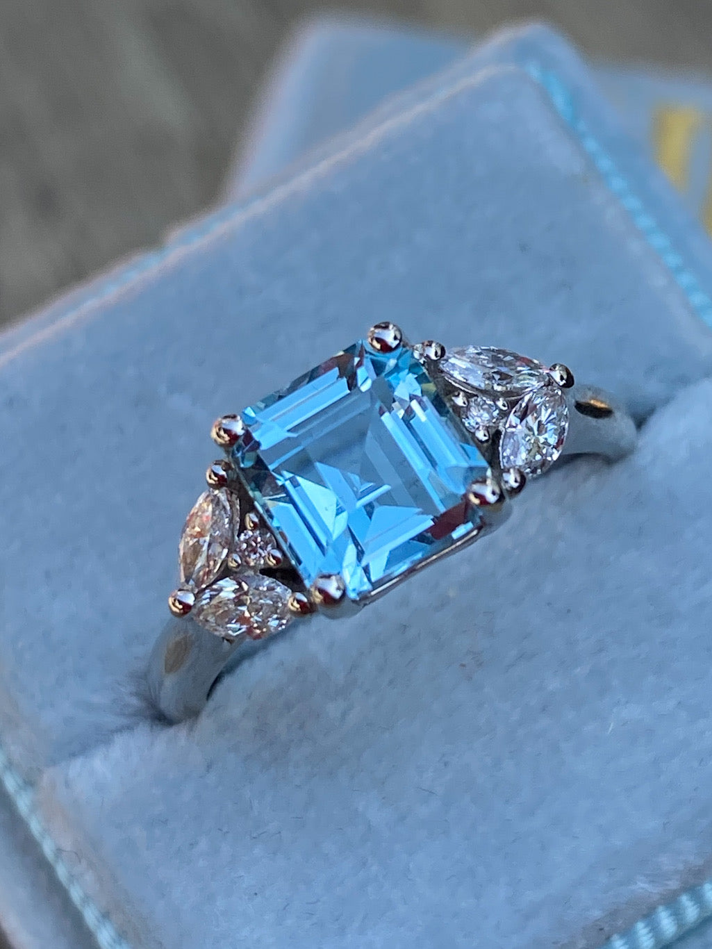 1.40 Carat Aquamarine and Natural Diamond Three-Stone Ring in Platinum