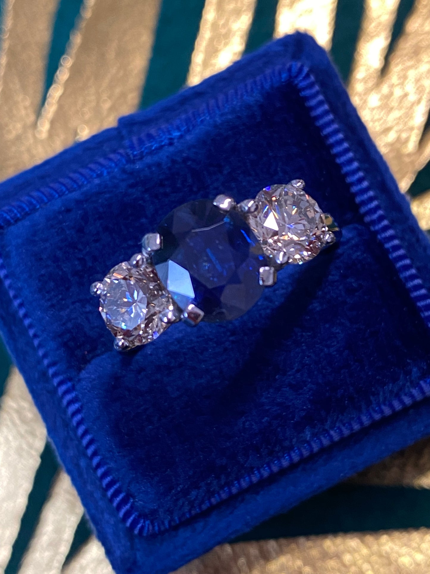 2.76ct Antique Blue Ceylon Sapphire and 2.02ct Diamond Three Stone Engagement Ring in 18ct White Gold