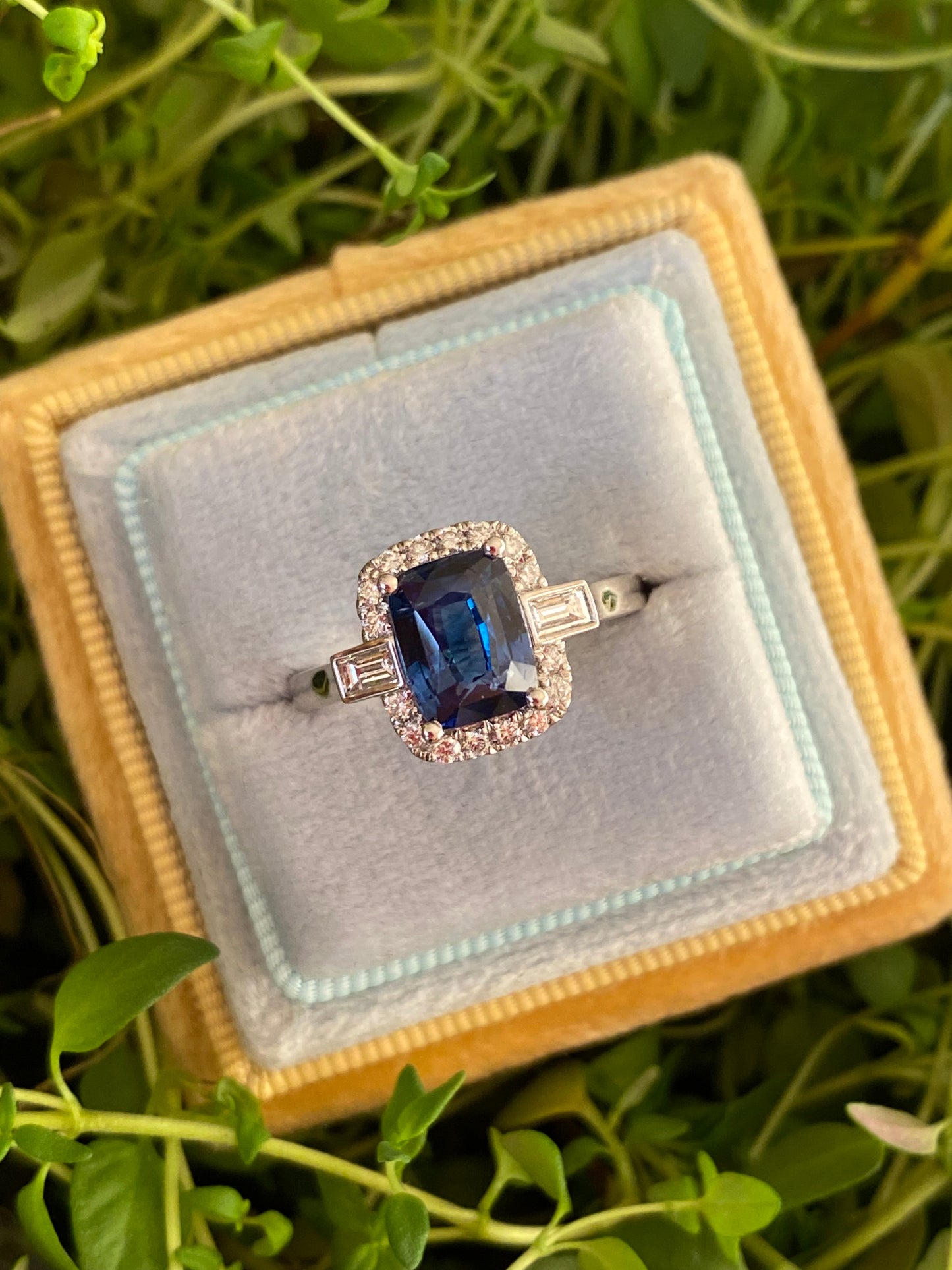 2.59 Carat Emerald Cut Sapphire and Natural Diamond Halo Ring in Platinum