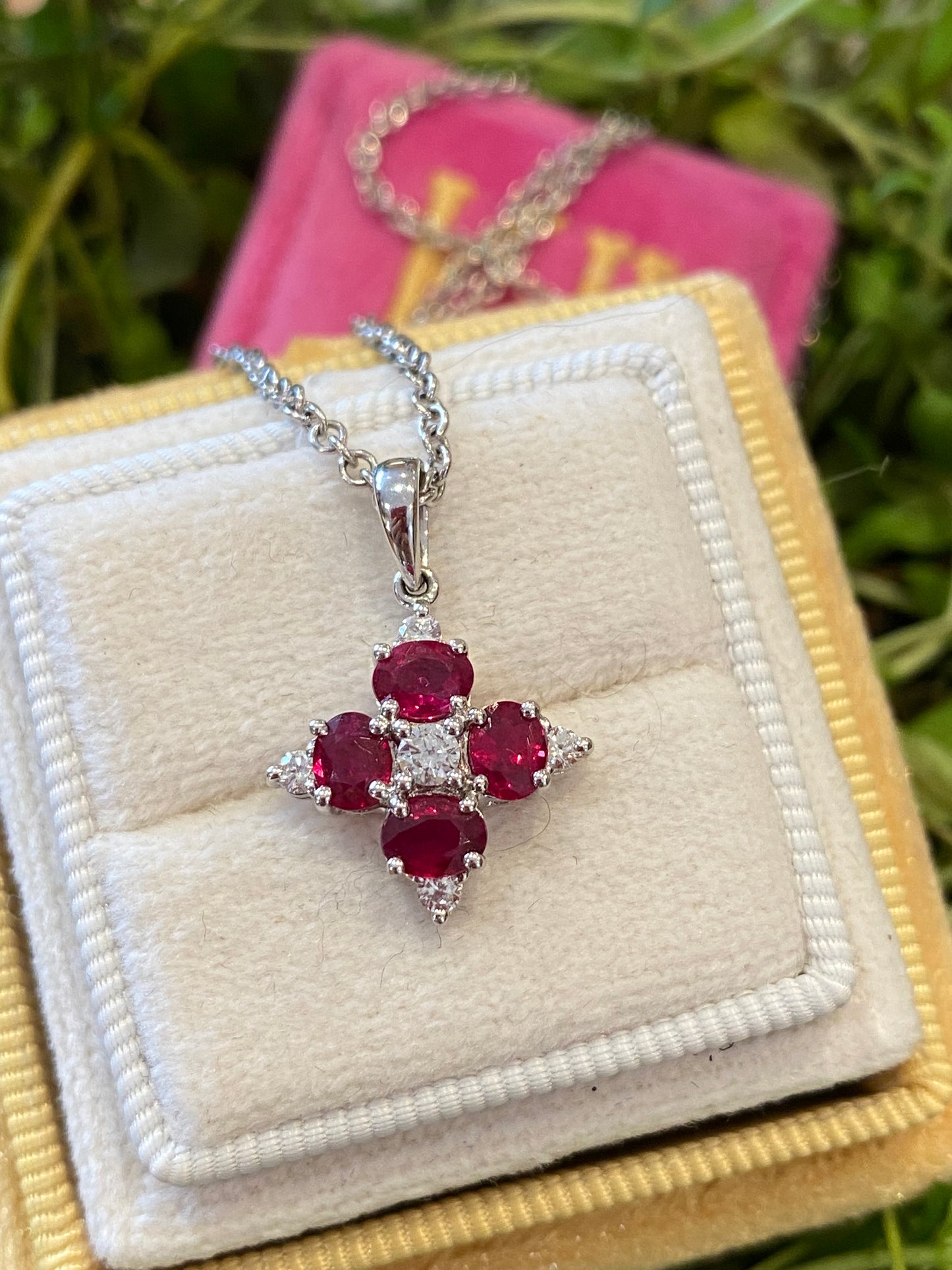 Vintage Ruby and Diamond Pendant Necklace in 18ct White Gold