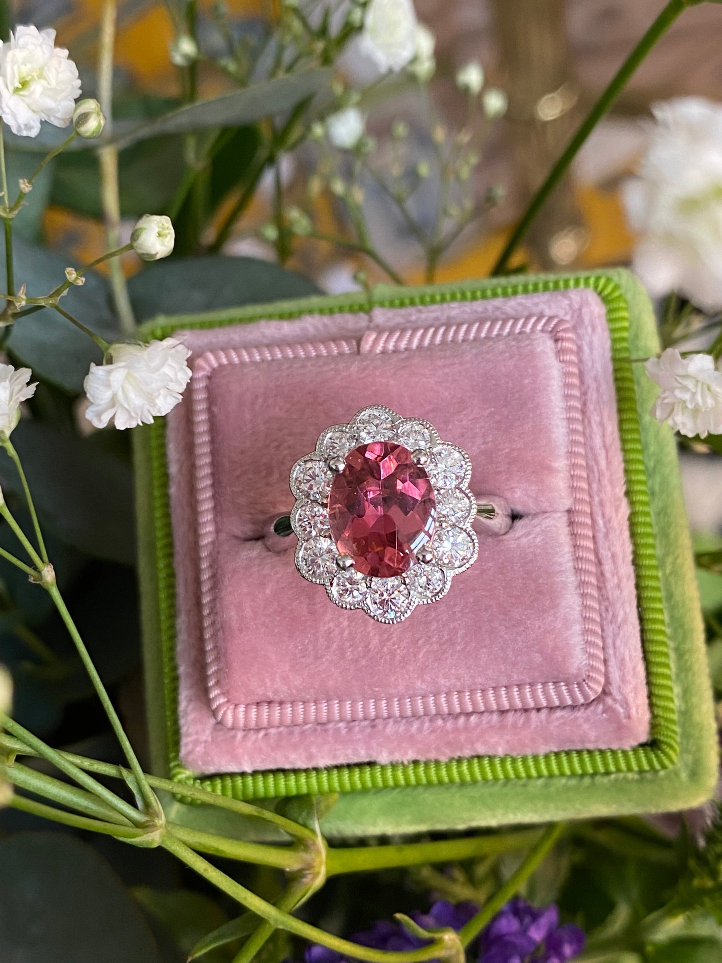 2.64 Carat Oval Cut Pink Tourmaline and 1.02ctw Natural Diamond Ring in Platinum