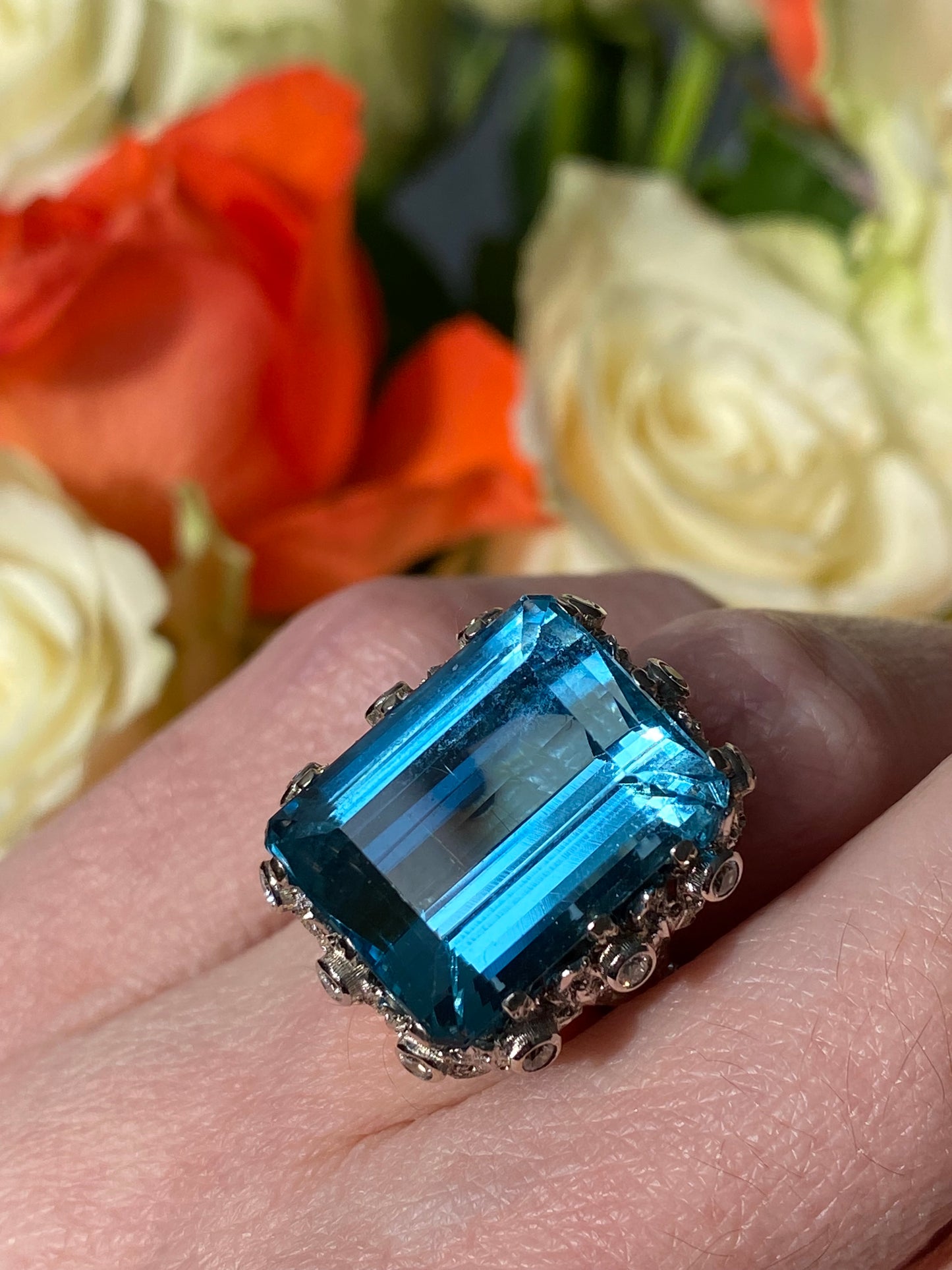 22.00 Carat Aquamarine and Diamond Vintage Cocktail Ring in 18ct White Gold