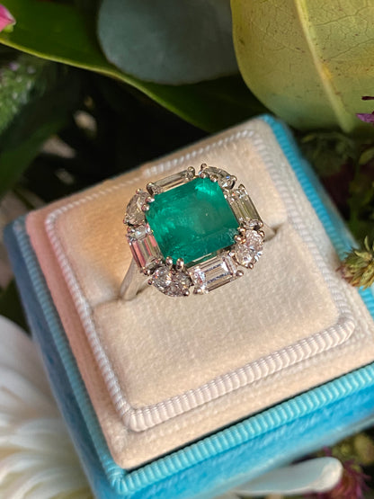 5.66 CTW Vintage Sqaure Emerald Cut Colombian Emerald and Natural Diamond Halo Ring in Platinum