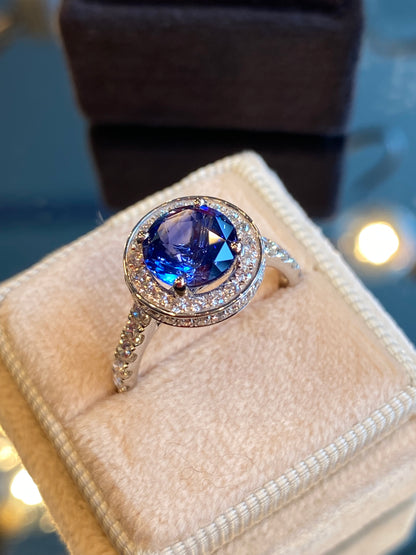 3.65 CTW Blue Ceylon Sapphire and Natural Diamond Double Halo Ring in Platinum