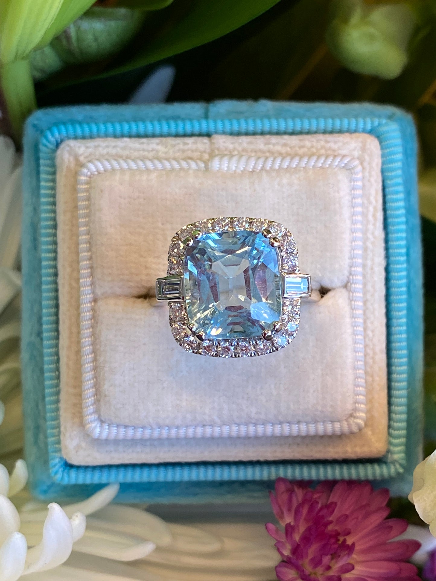 5.12 CTW Cushion Cut Aquamarine and Natural Diamond Halo Engagement Ring in Platinum