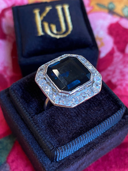 9.50 CTW Midnight Blue Sapphire and Natural Diamond Antique Art Deco Engagement Ring in Platinum