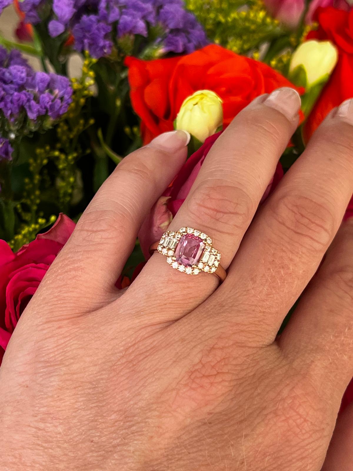 1.52 CTW Cushion Cut Pink Sapphire and Natural Diamond Halo Engagement Ring in 18ct Rose Gold