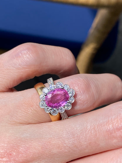 2.02 Carat Oval Cut Pink Sapphire and 0.90 CTW Natural Diamond Halo Ring in Platinum