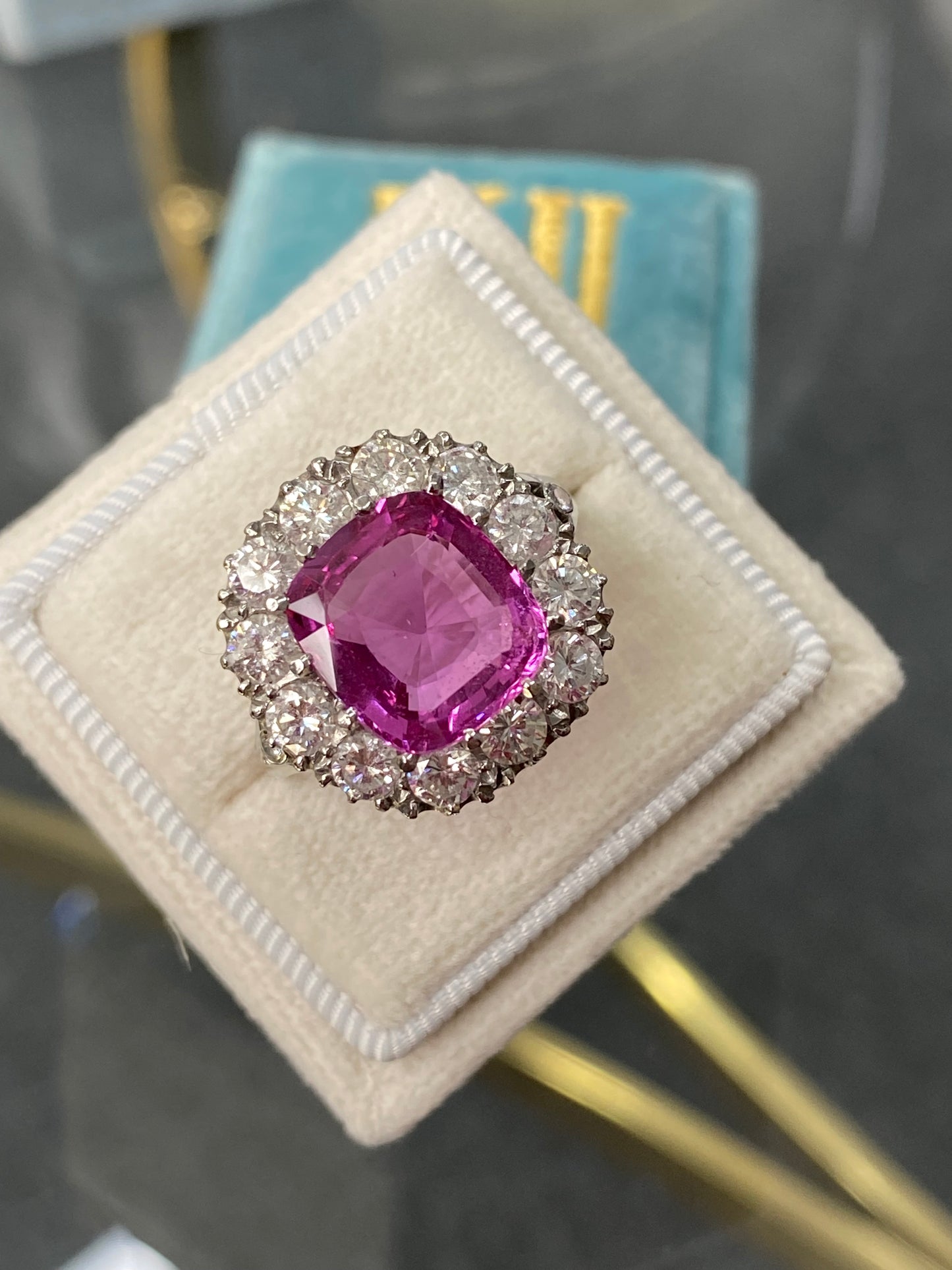 5.51 Carat Cushion Cut Pink Sapphire and 2.10ctw Diamond Halo Ring in Platinum