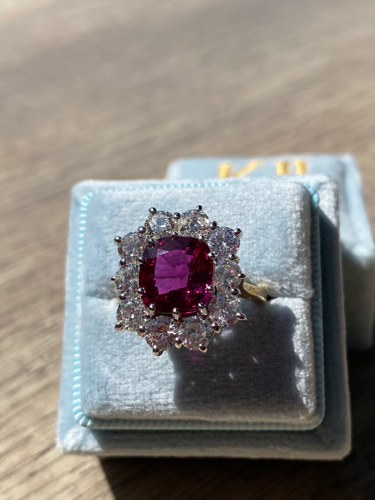 5.04 CTW No Heat Ruby and Natural Diamond Halo Ring in 18ct Yellow Gold