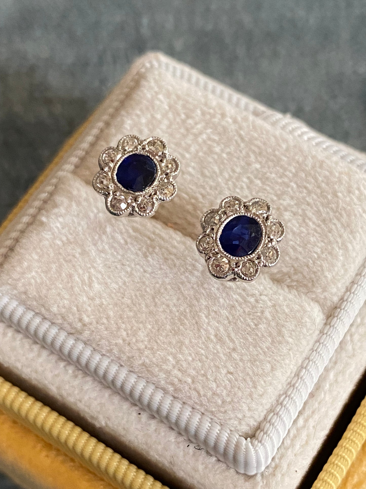 Antique Sapphire and Old Cut Diamond Halo Earrings in 18ct White Gold