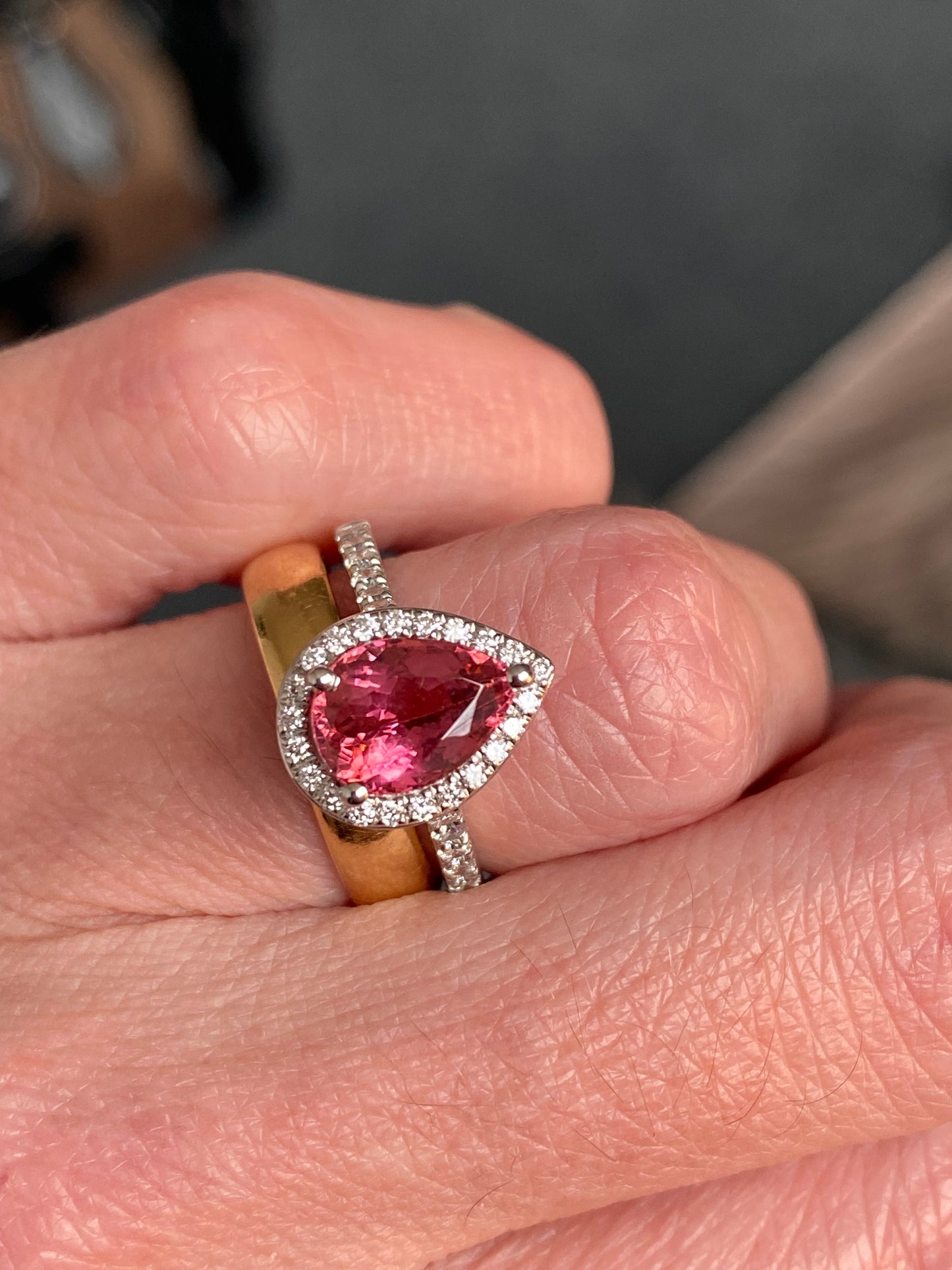 2.11 Carat Pear Cut Pink Tourmaline and Natural Diamond Ring in Platinum