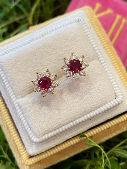 Ruby and Diamond Halo Earrings in 18ct Yellow Gold