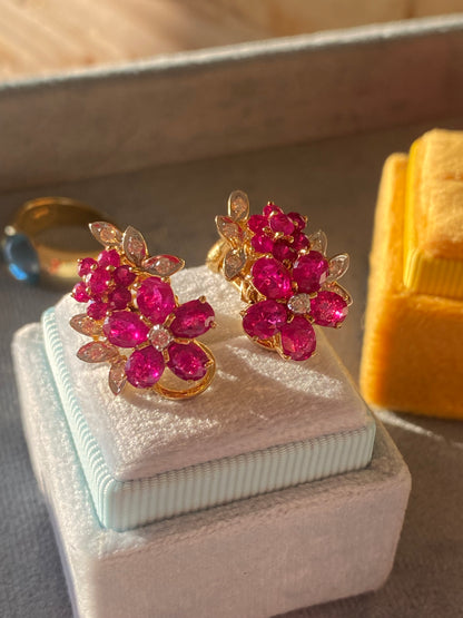 Vintage Burmese Ruby and Diamond Earrings in 18ct Yellow Gold