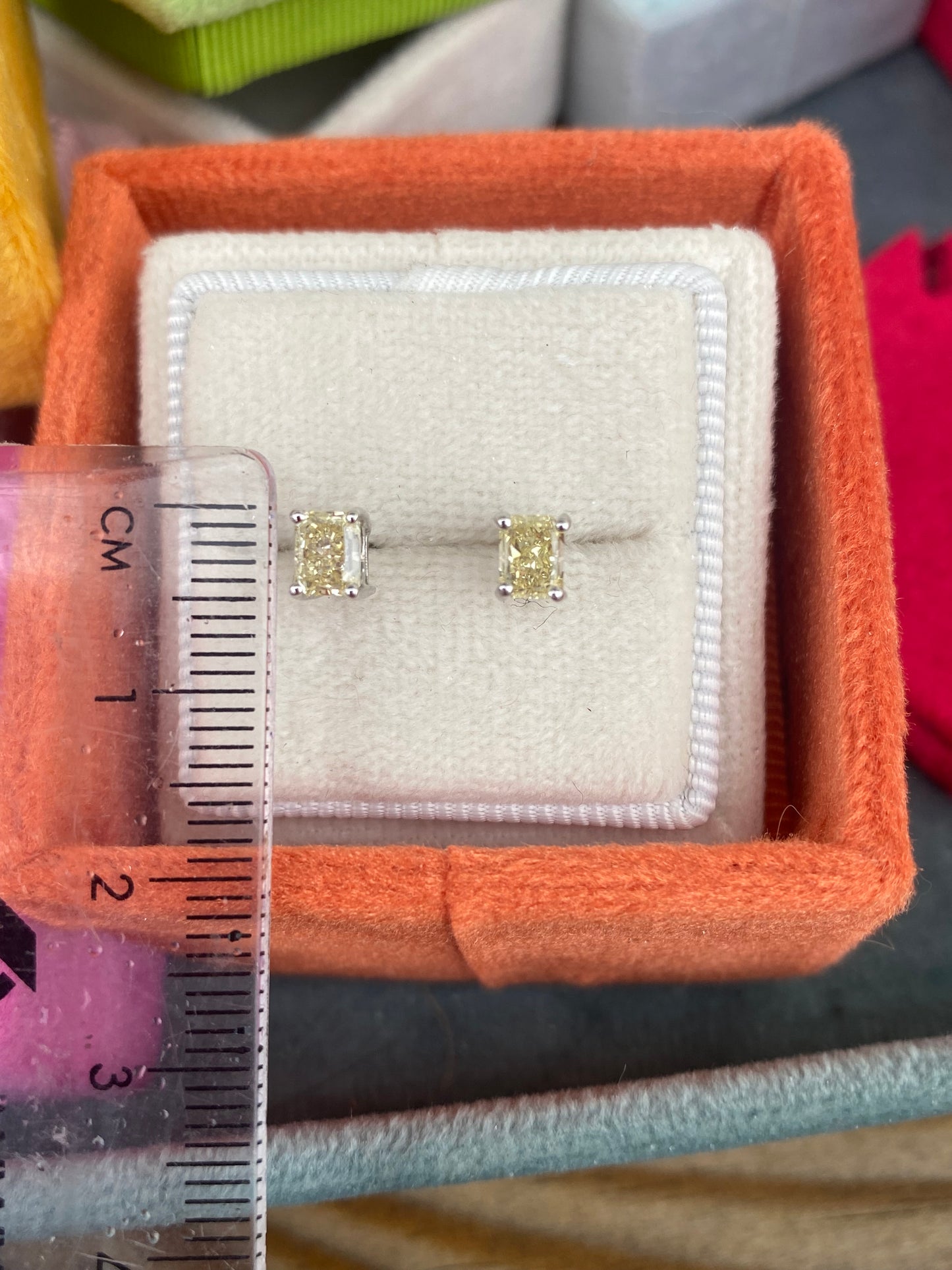 1.09 CTW Radiant Cut Natural Fancy Yellow Diamond Stud Earrings in Platinum