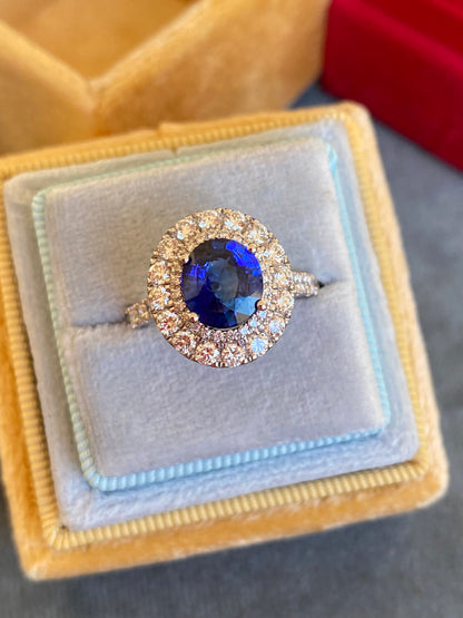 3.33 CTW Blue Ceylon Sapphire and Natural Diamond Halo Ring in Platinum