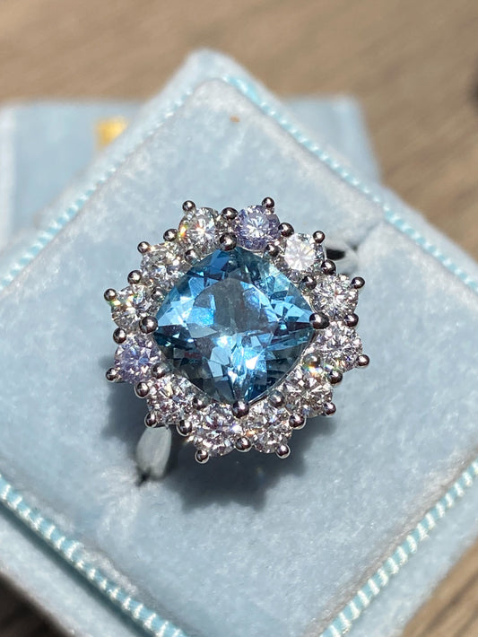 2.33 CTW Cushion Cut Aquamarine and Diamond Engagement Ring in Platinum