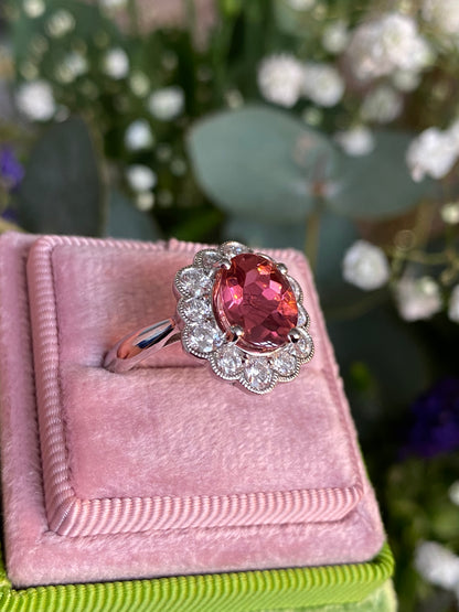 2.64 Carat Oval Cut Pink Tourmaline and 1.02ctw Natural Diamond Ring in Platinum