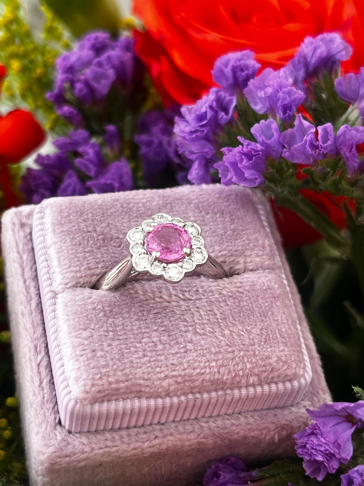 1.26 CTW Round Cut Pink Sapphire and Natural Diamond Halo Engagement Ring in Platinum