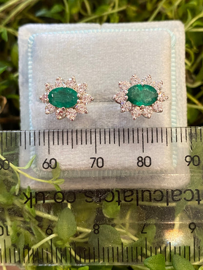 1.60 CTW Emerald and Diamond Halo Stud Earrings in 18ct Yellow Gold