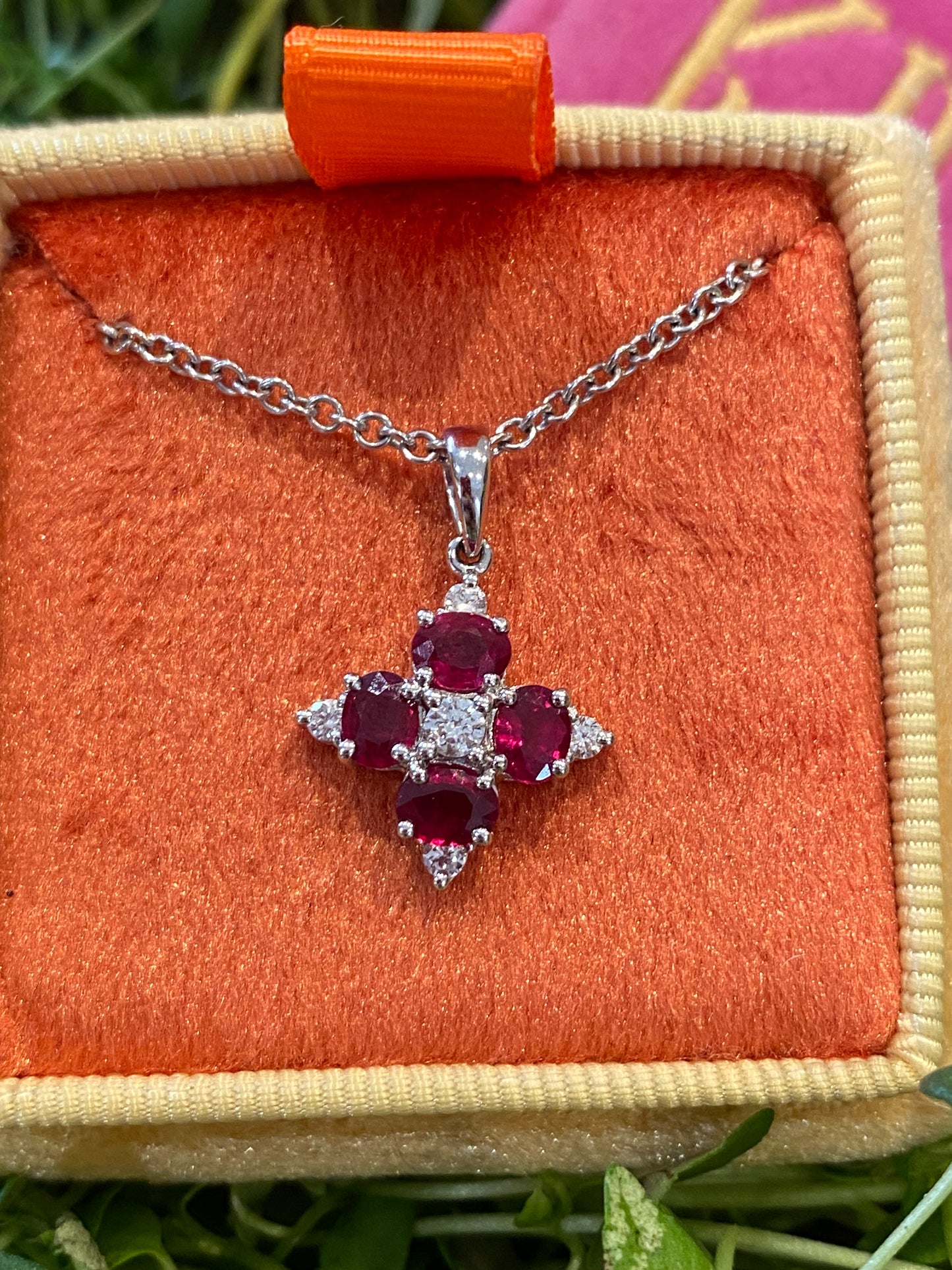 Vintage Ruby and Diamond Pendant Necklace in 18ct White Gold