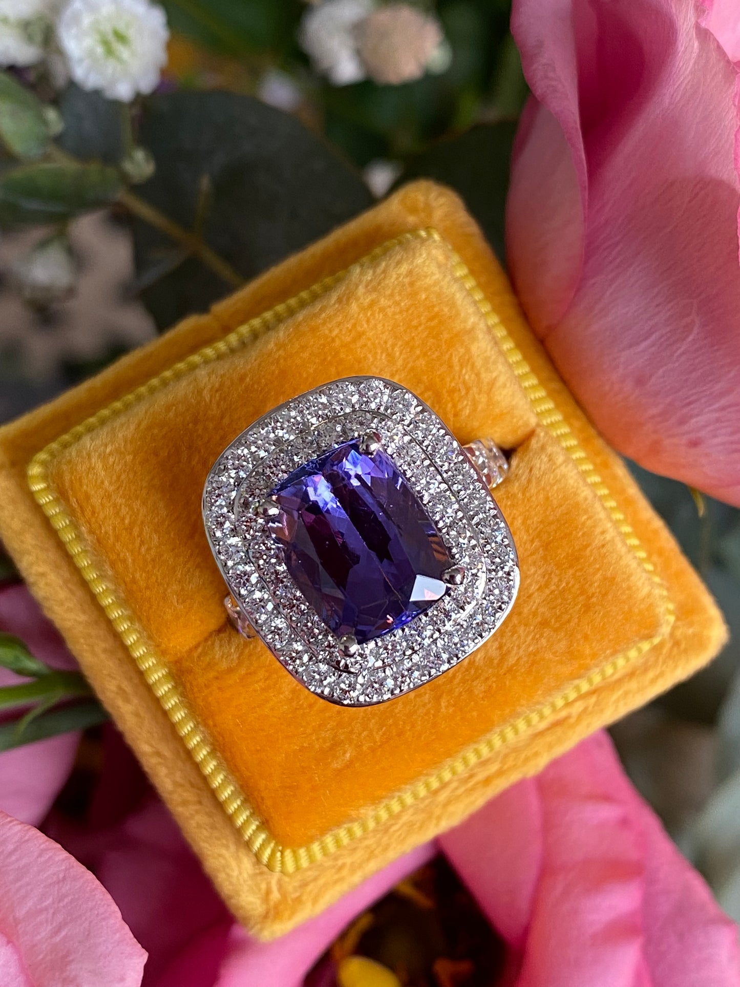 5.42 Carat Cushion Cut Tanzanite and 1.68 ctw Natural Diamond Cocktail Ring in Platinum