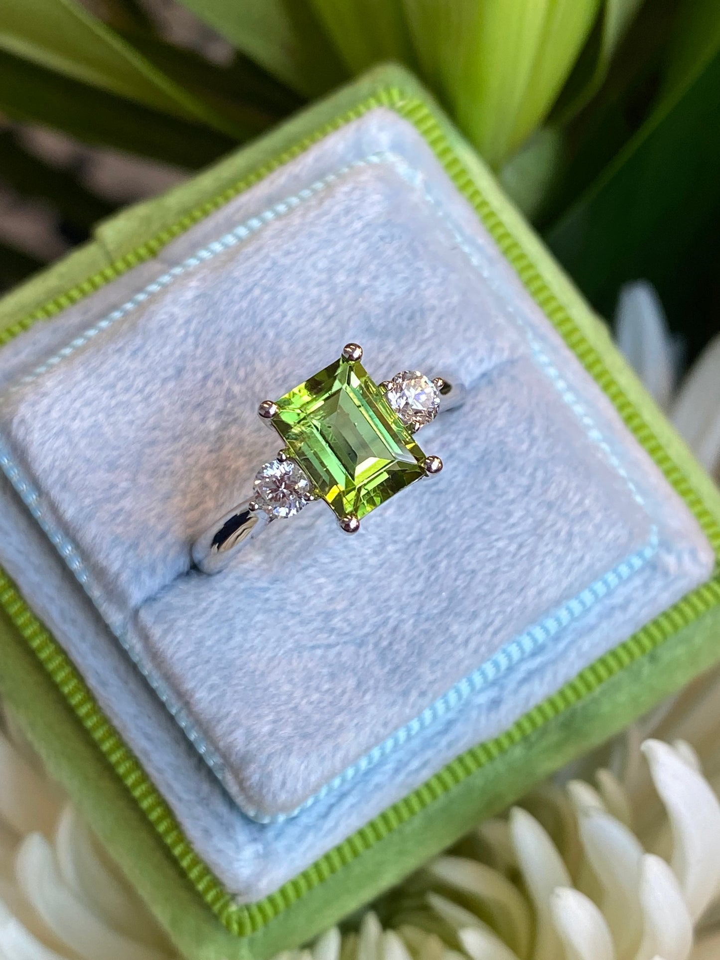 2.06 CTW Carat Peridot and Diamond Three Stone Engagement Ring in Platinum