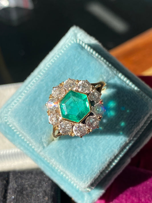 3.00 CTW Colombian Emerald and Old Cut Diamond Halo Ring in 18ct Yellow Gold