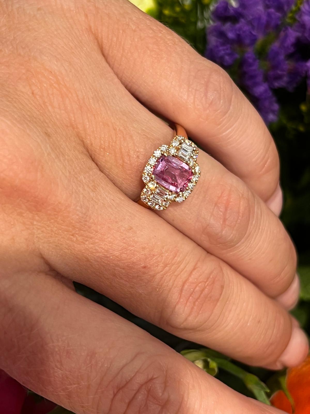 1.52 CTW Cushion Cut Pink Sapphire and Natural Diamond Halo Engagement Ring in 18ct Rose Gold