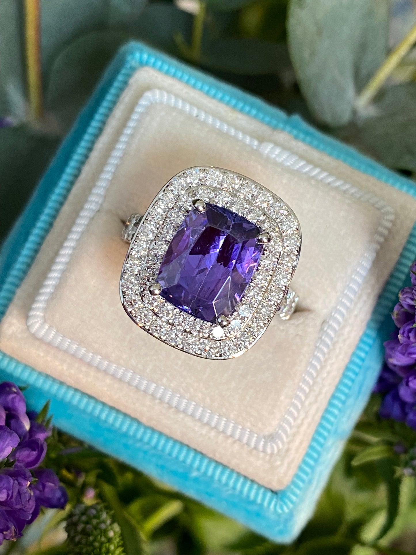 5.42 Carat Cushion Cut Tanzanite and 1.68 ctw Natural Diamond Cocktail Ring in Platinum