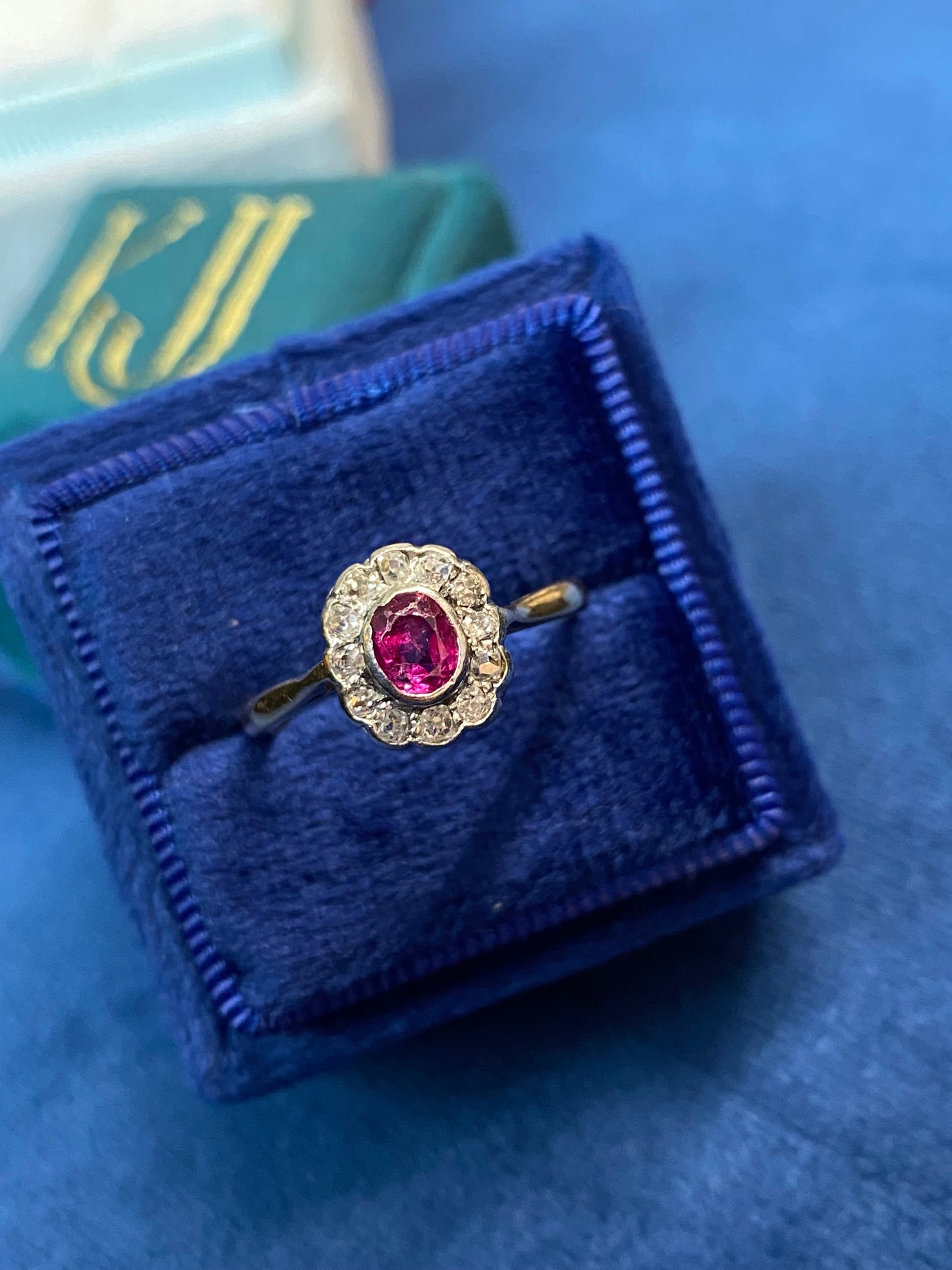 Antique Ruby and Diamond Halo Engagement Ring in 18ct Yellow Gold