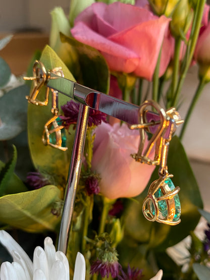 Spectacular 9.65ctw Pear Cut Colombian Emerald and Diamond Drop Earrings in 18ct Yellow Gold