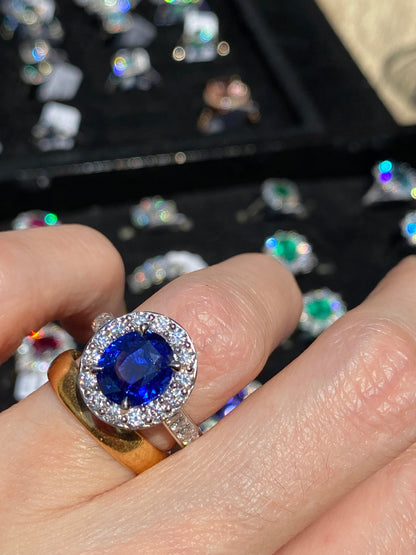 3.01 Carat Blue Ceylon Sapphire and Natural Diamond Halo Ring in Platinum