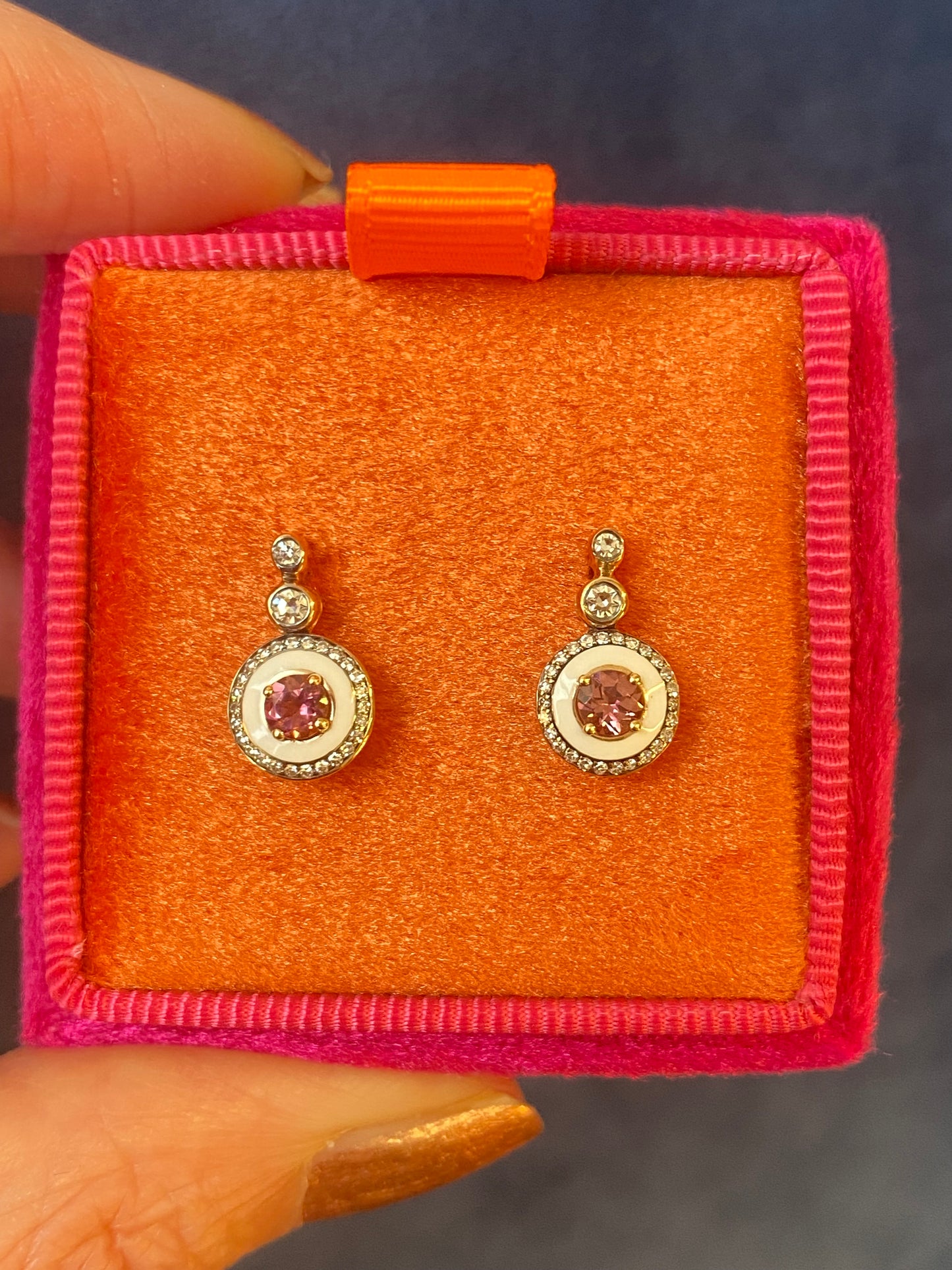 Pink Tourmaline, Diamond and Enamel Drop Earrings in 18ct Yellow Gold