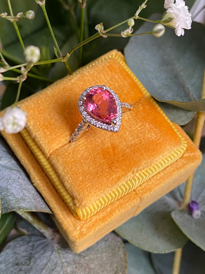 2.11 Carat Pear Cut Pink Tourmaline and Natural Diamond Ring in Platinum